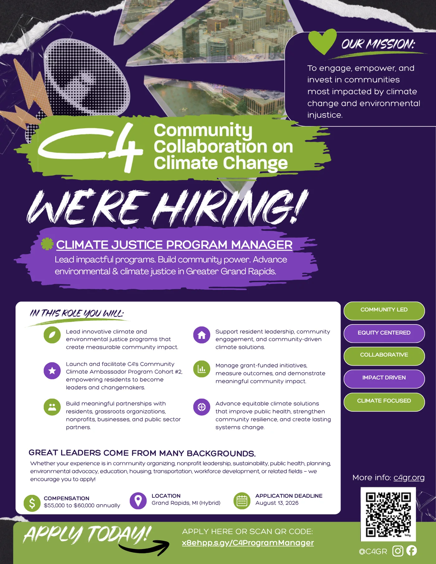 C4 We're Hiring flyer for a Climate Justice Program Manager