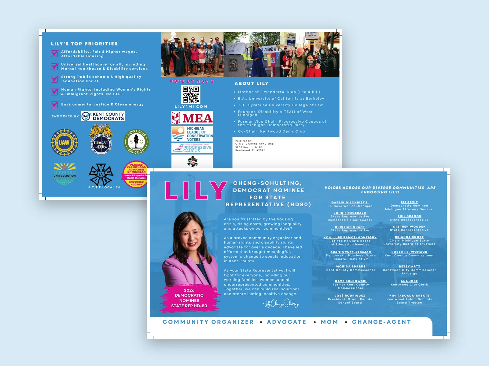 Lily Cheng-Schulting campaign mailer, front and back