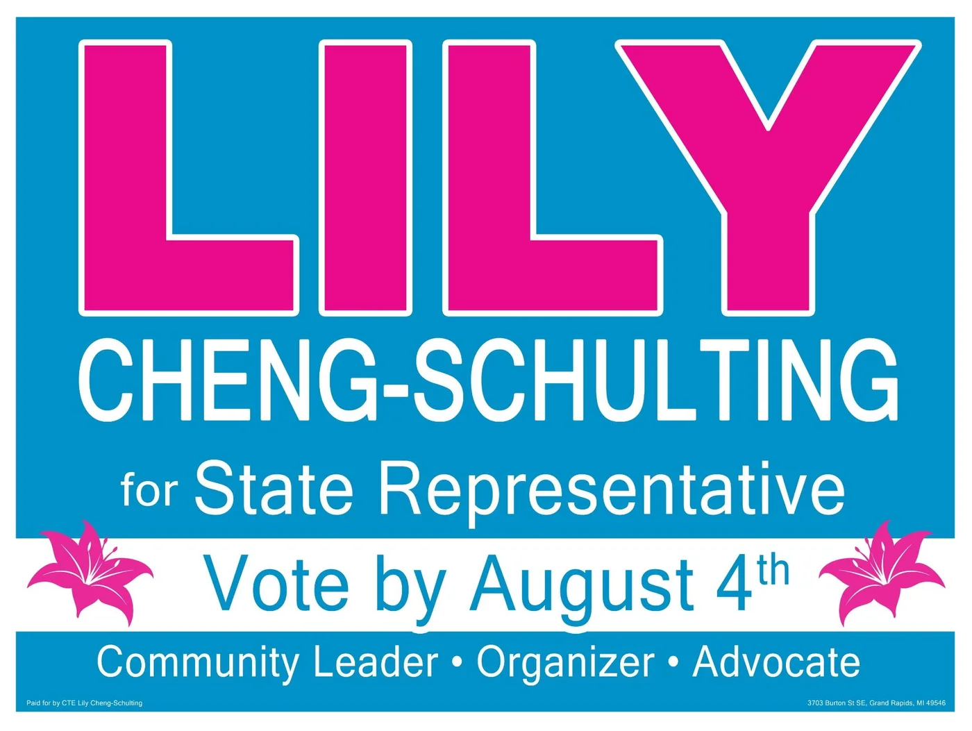 Lily Cheng-Schulting for State Representative campaign yard sign