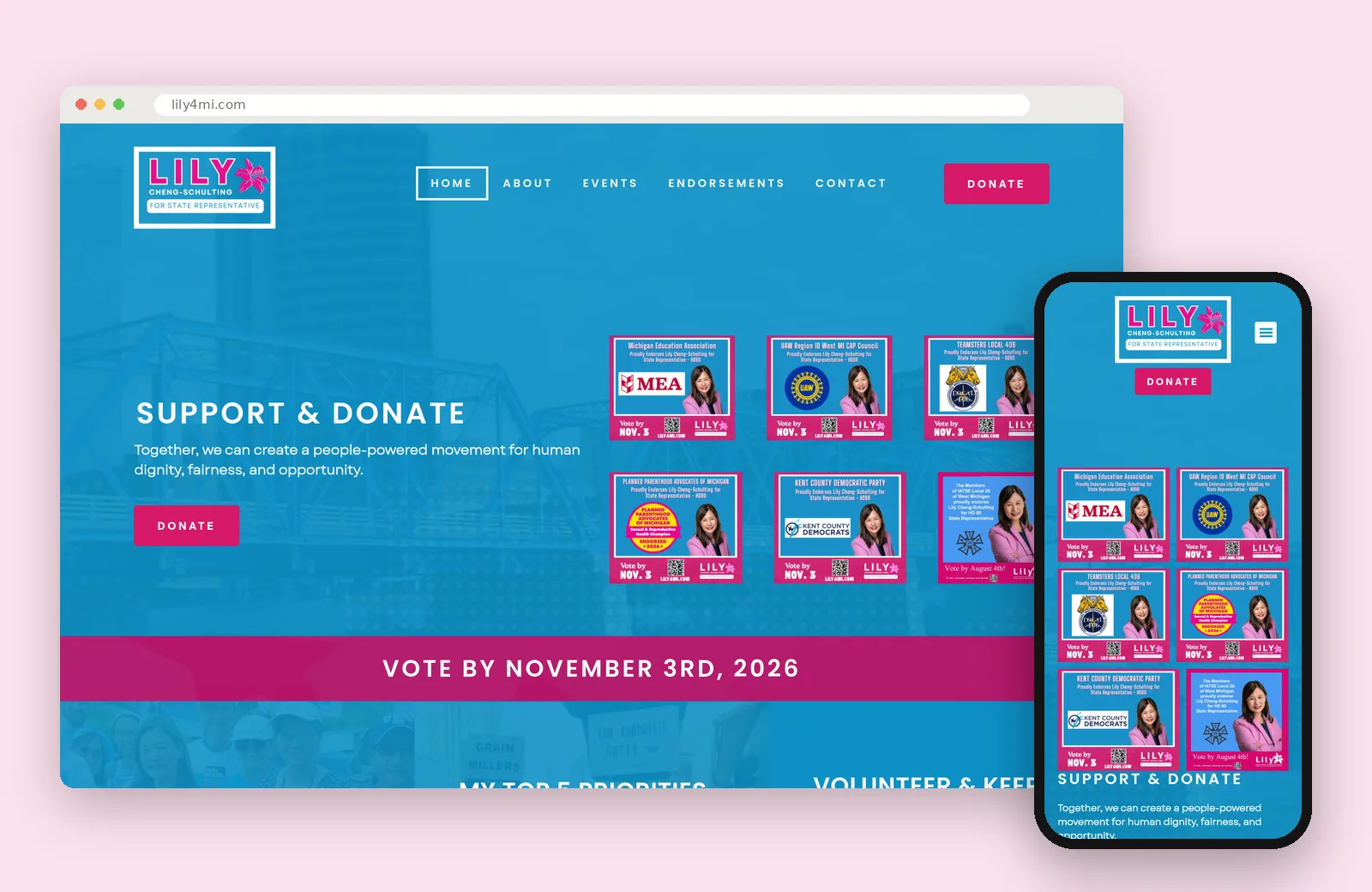 Lily Cheng-Schulting for State Rep website design shown on desktop and phone