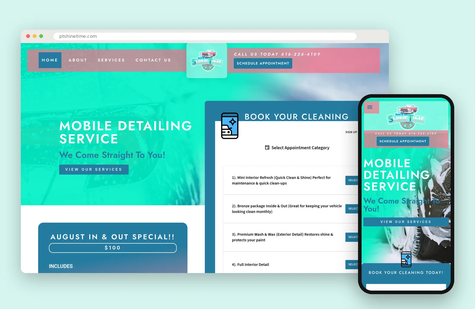 Paul & Tev Shinetime website design shown on desktop and phone